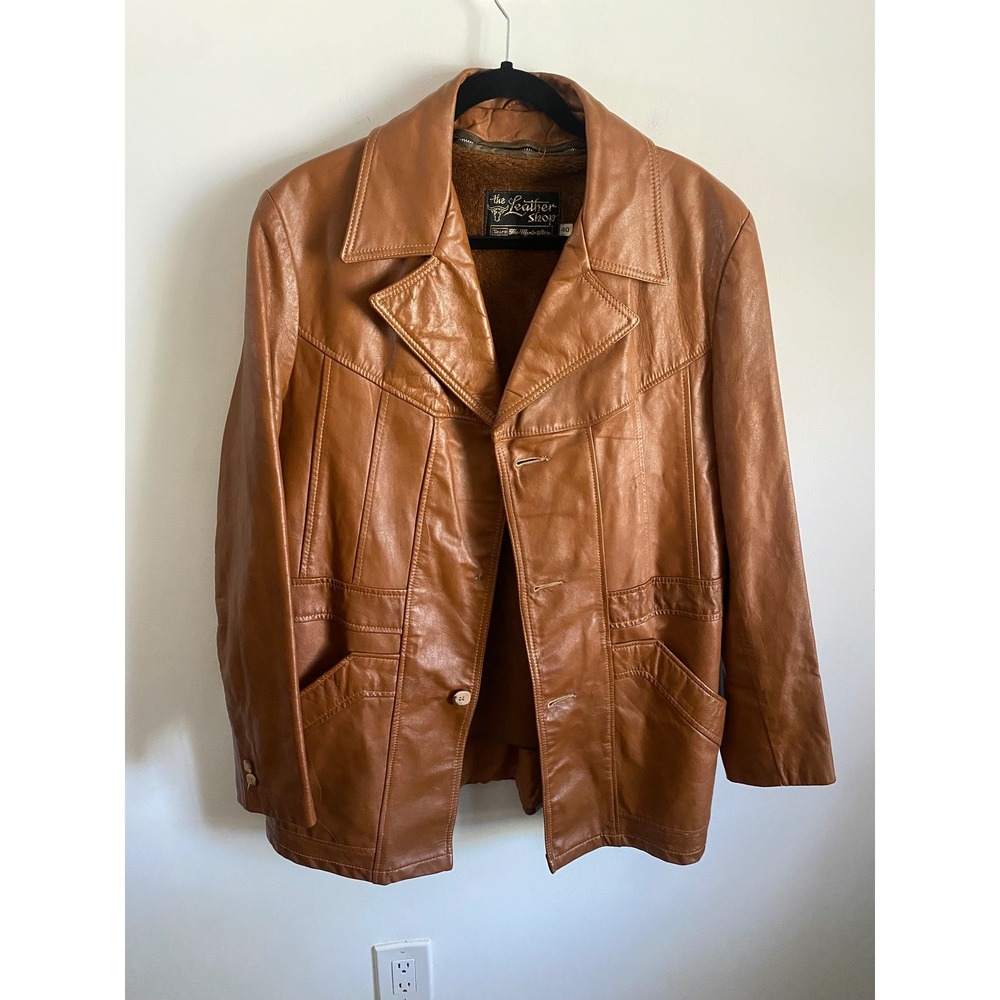 Vintage 70s The Leather Shop Cognac Brown Western Leather Jacket Fur Liner 40
